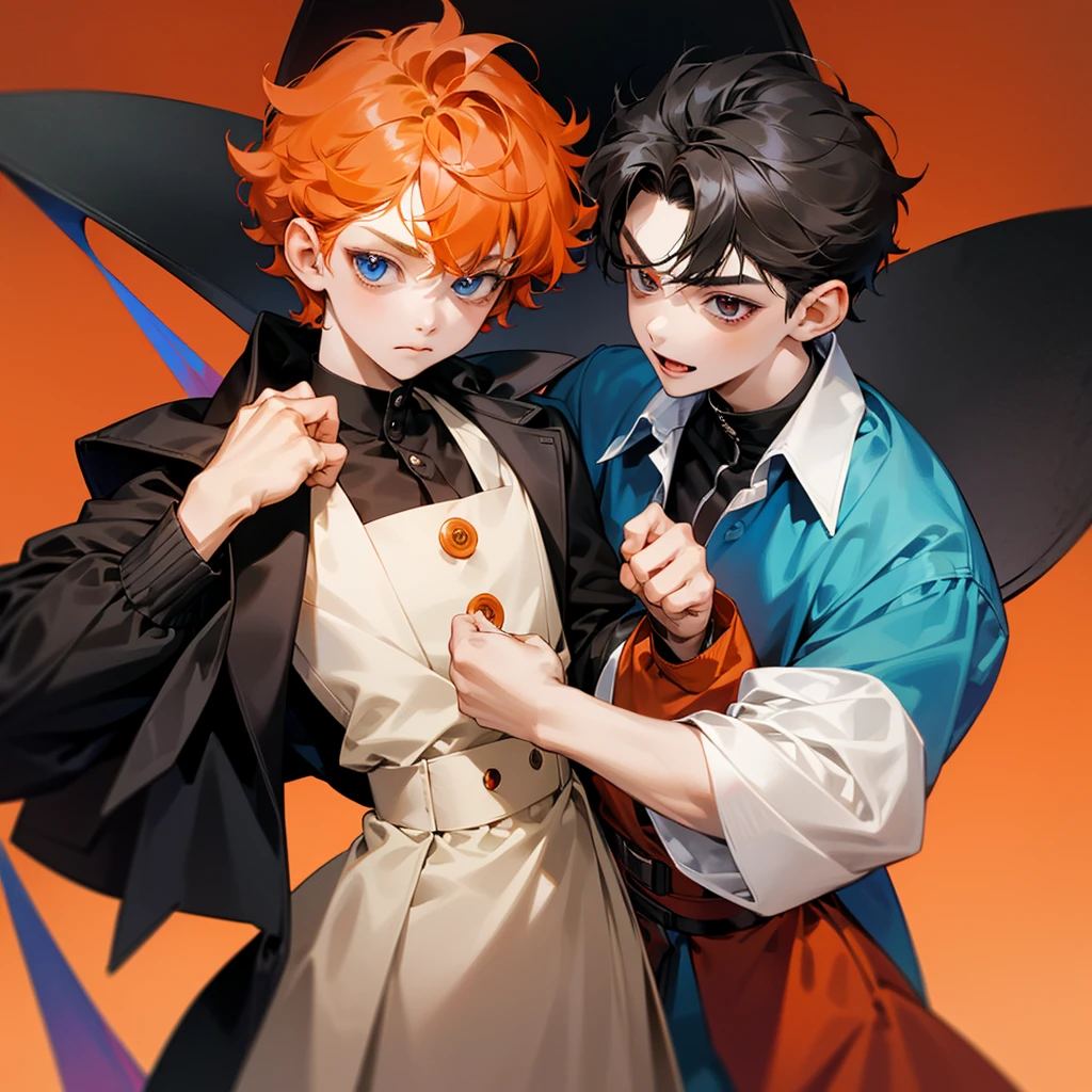 Only two little boys bugging ,both 9years old,first boy has short curly orange hair and blue eyes and cute expression face withe cute smile and wears acute outfit……the other boy has black shaggy hair and red eyes and sharp expression face and wears a black jacket,8k,pixive,masterpiece