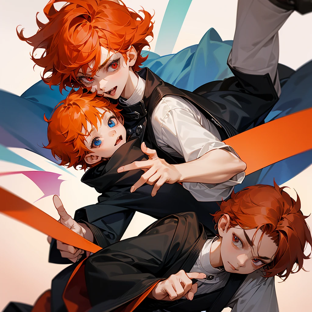 Only two little boys bugging ,both 9years old,first boy has short curly orange hair and blue eyes and cute expression face withe cute smile and wears acute outfit……the other boy has black shaggy hair and red eyes and sharp expression face and wears a black jacket,8k,pixive,masterpiece