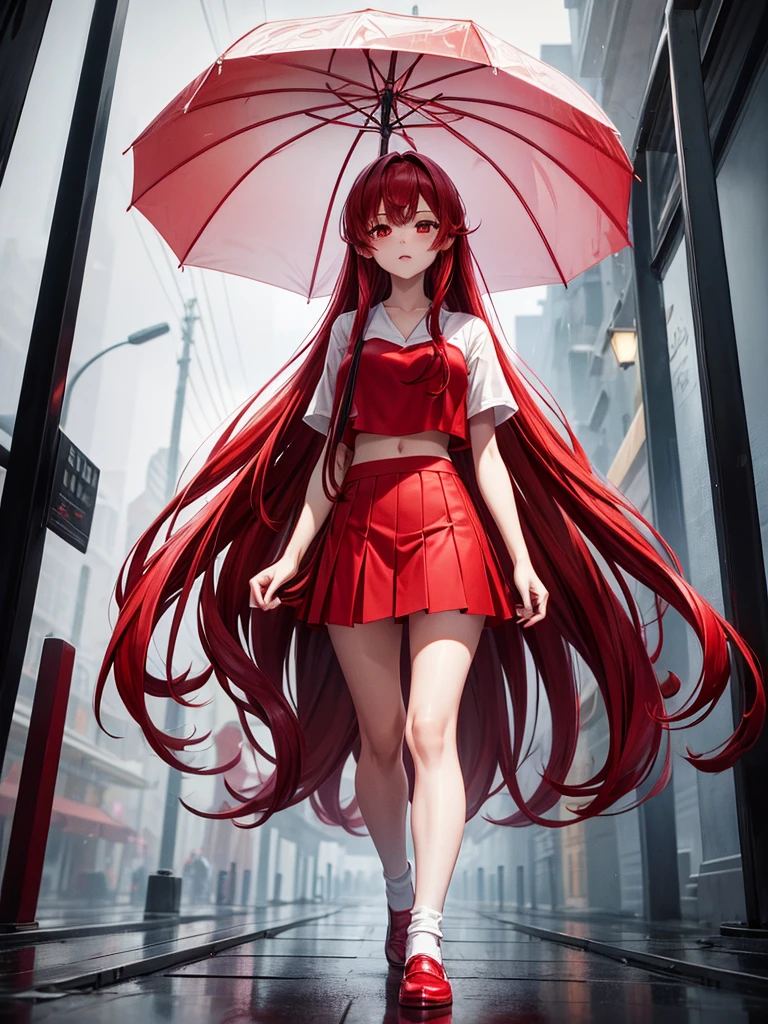 Red long hair girl red eyes wearing red crop top red skirt white socjs red shoes having umbrella during heavy rain