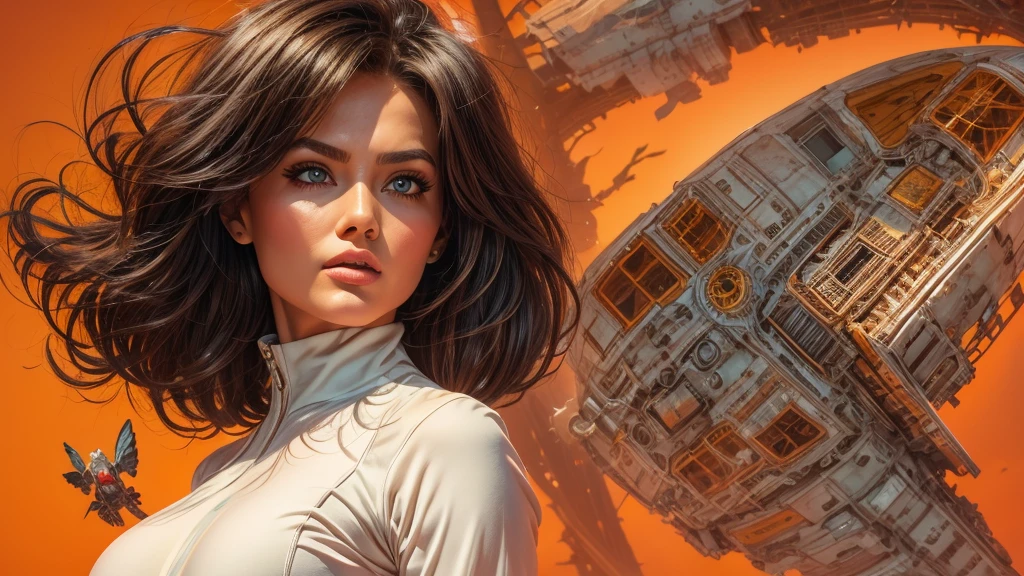 arafed image of a white woman in a futuristic suit with a spaceship in the background, movie art, in front of an orange background, inspired by Robert McGinnis, female protagonist, megastructure in the background, portrait of an ai astronaut, astronauts, an astronaut, portrait of a astronaut skeletor, perfect android girl, detailed eyes, perfectly detailed teeth, frank franzzeta and sakimichan