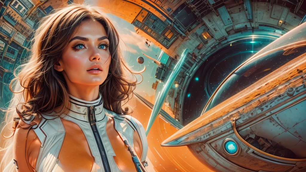 arafed image of a white woman in a futuristic suit with a spaceship in the background, movie art, in front of an orange background, inspired by Robert McGinnis, female protagonist, megastructure in the background, portrait of an ai astronaut, astronauts, an astronaut, portrait of a astronaut skeletor, perfect android girl, detailed eyes, perfectly detailed teeth, frank franzzeta and sakimichan  