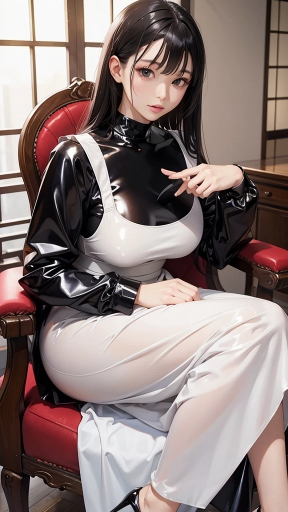 beautiful２５Old Japanese woman、Latex maid outfit、Long sleeve、Tight long skirt、Latex shirts、Sitting in a chair、Latex has a strong shine, like oil.、The clothes fit very well
