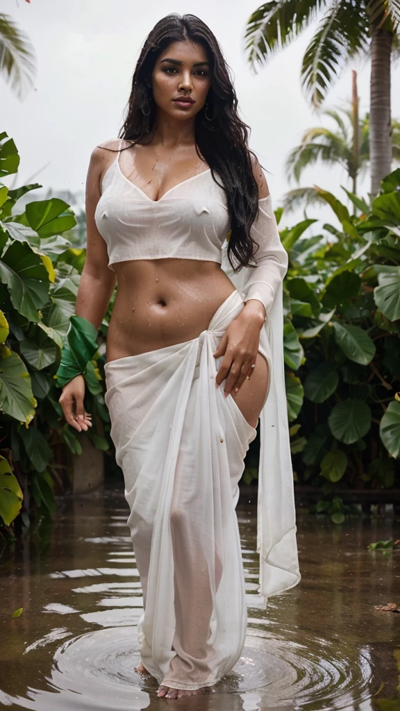 Indian model,40 year old girl, plus size body type,dark brown oily skin, glossy red lips,long black hair, wearing off white saree, wet body, wet saree,see through clothes,raining, outdoor background, greenish background, full body view, high resolution