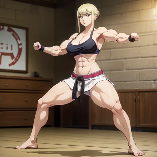 Lucy beim Karate, Black belt karate gi, Barefoot, muscular physique, lucy macht Bodybuilding, Huge muscular biceps, Breite, muscular shoulders, Bauchmuskeln, Abs, Her big muscles rip through her karate gi, Full body image, Meisterwerk, Highest details 