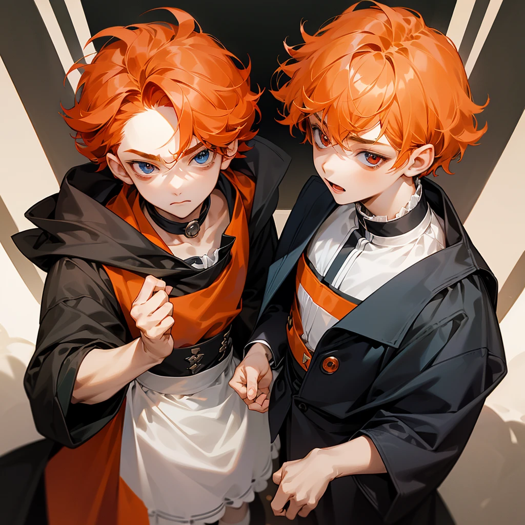 Only two little boys bugging ,both 9years old,first boy has short curly orange hair and blue eyes and cute expression face withe cute smile and wears acute outfit……the other boy has black shaggy hair and red eyes and sharp expression face and wears a black jacket,8k,pixive,masterpiece