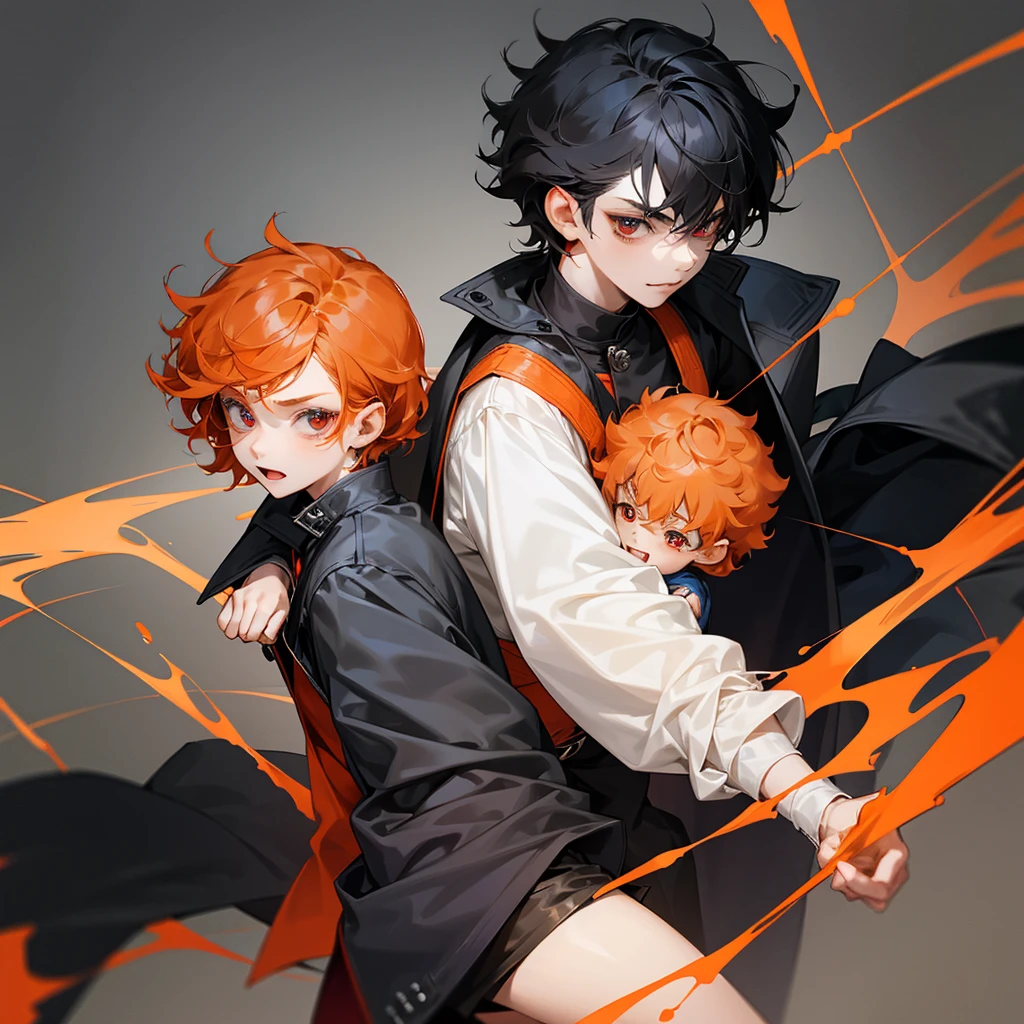 Only two s bugging ,both 9years old,first boy has short curly orange hair and blue eyes and cute expression face withe cute smile and wears acute outfit……the other boy has black shaggy hair and red eyes and sharp expression face and wears a black jacket,8k,pixive,masterpiece