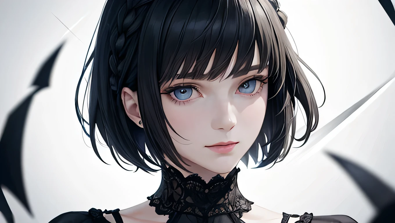 (masterpiece), (hyperrealistic),Pure face:1.3, Sexy face:1.1,Top quality:1.1, Fine face:1.1, Fine eyes:1.1, mature female,beautiful:1.1,1woman, Black Hair、Bobcut,(Gothic dress), black hair, 	(crown braid), dynamic lighting,dynamic angle ,intense angle,dynamic pose,White background、Close-up of face