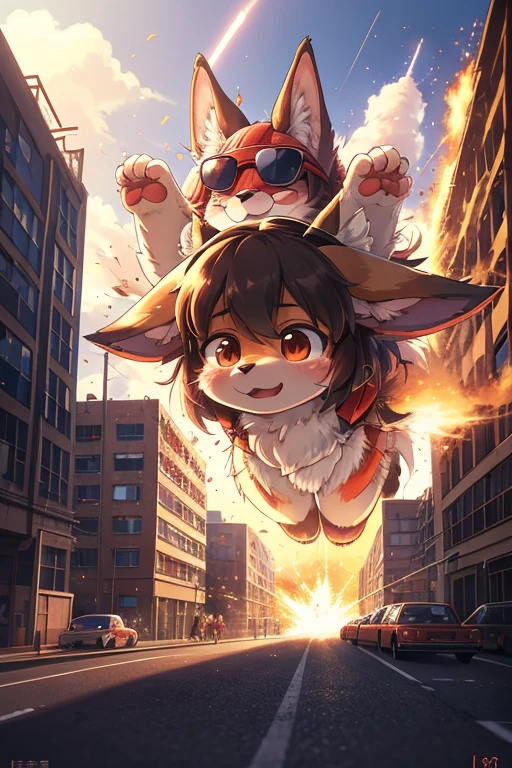 realistic hairy fur , round face , girl wearing sunglasses isolated on Huge buildings collapsing background , Akira, anime, anime Akira, retro anime, 80s anime, 90s anime, praise, Lo-Fi , Fluttering in the wind , Exploding Building , blast