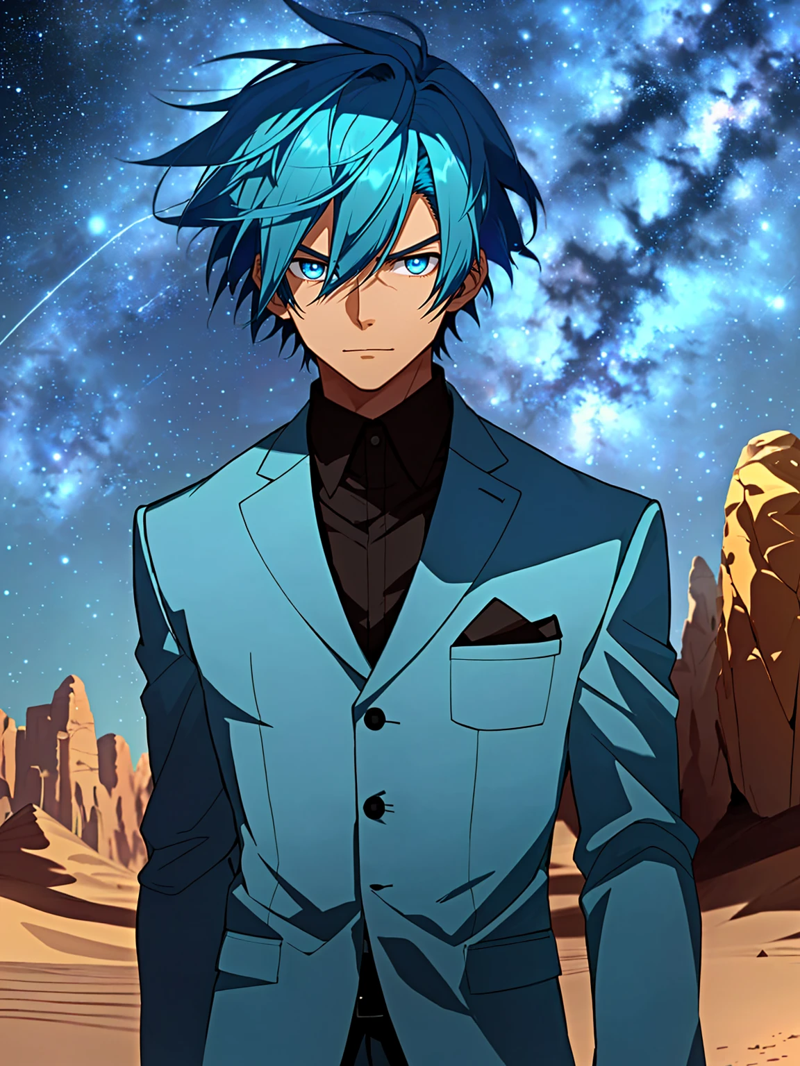 Anime - Man with short blue hair and blue suit,Desert at night,blue eyes,against the background of the Milky Way,Starry Sky,