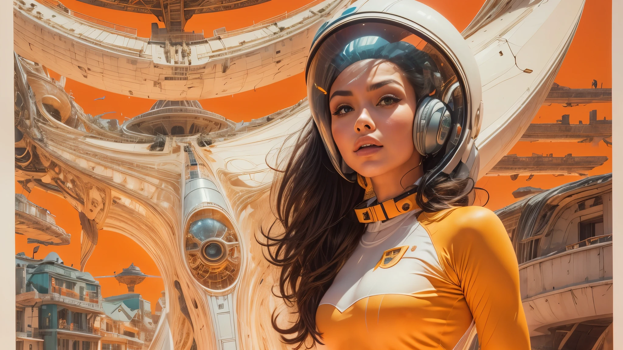 arafed image of a white woman in a futuristic suit with a spaceship in the background, movie art, in front of an orange background, inspired by Robert McGinnis, female protagonist, megastructure in the background, portrait of an ai astronaut, astronauts, an astronaut, portrait of a astronaut skeletor, perfect android girl, detailed eyes, perfectly detailed teeth, frank franzzeta and sakimichan