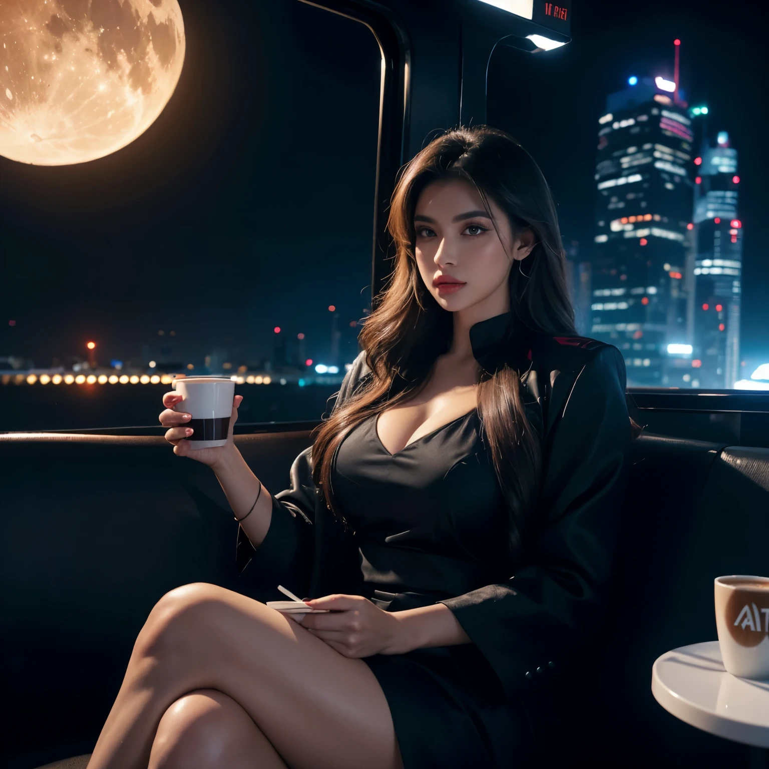 very beautiful Latina neon queen enjoying a cup of coffee while on a futuristic moon city --ar 128:71