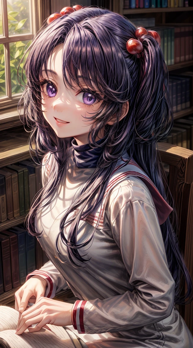 anime art, (masterpiece, best quality, perfect face, highest detailed face, colorful), 1girl. (((Kotomi))), face focus, full body, (((white dress:1.2))), purple hair, purple eyes, slight smile, beautiful eyes, looking at viewer, library at background, sunlight passing through hair, (extreme detailed, intricate details, cozy light)