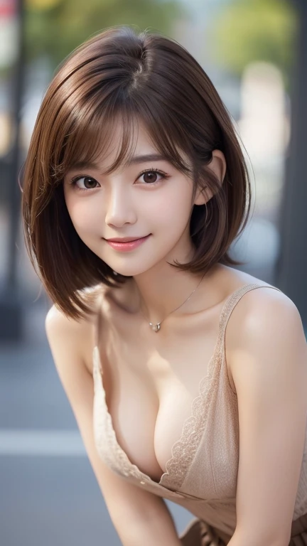 Detailed face, Cute Face,Brown eyes, ((Are standing)) , (Hands on knees) , Leaning forward , Revealing necklines,(Small chest:1.4),masterpiece , highest quality , Very detailed , (Mature Woman) , Super Short Hair, side lock hair, (Happy expression:1.26)、RAW Photos、((Glowing Skin))、1 girl、Beautiful 20 year old girl、Korean Idol,Bright expression、((Brown haired))、