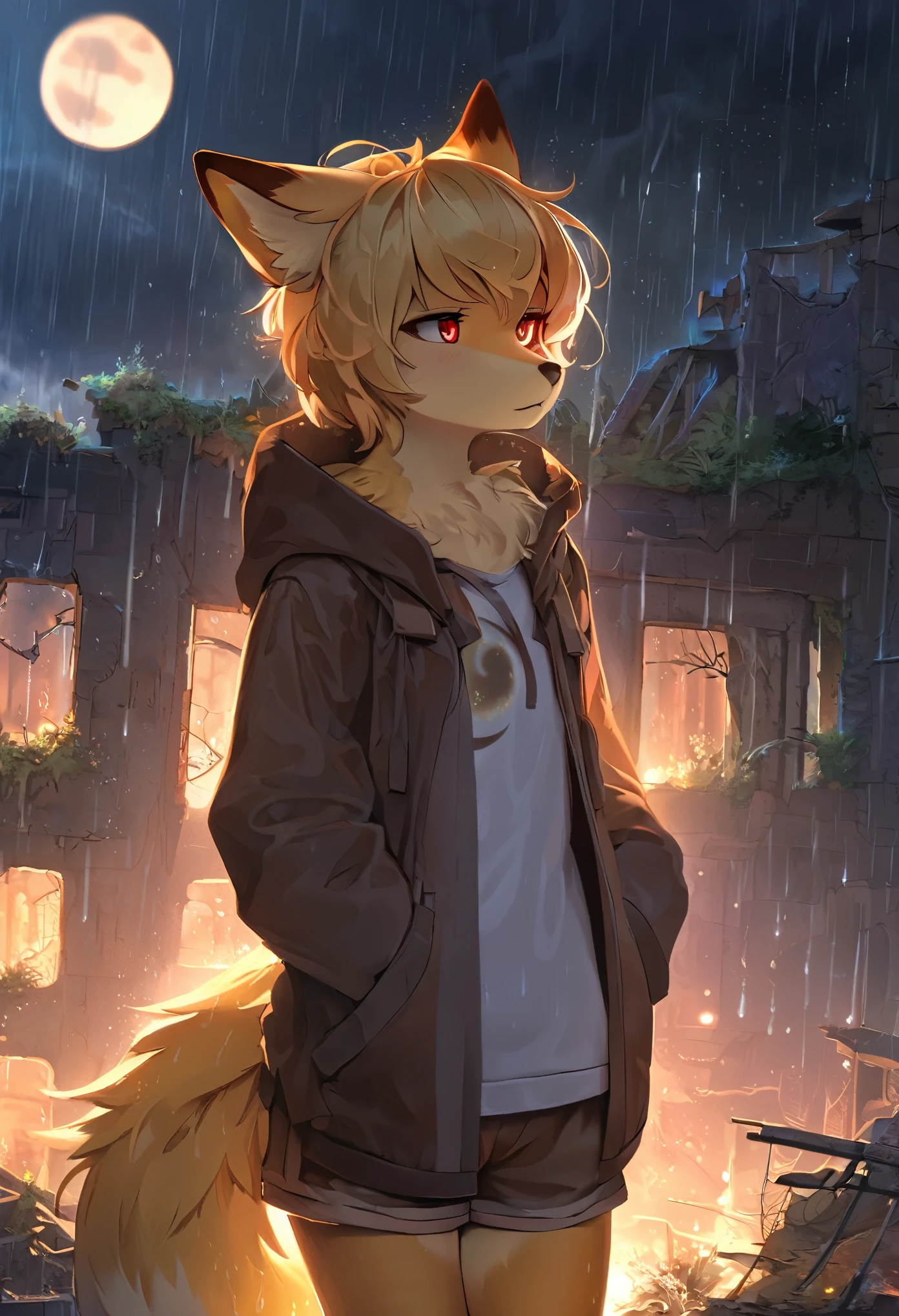 masterpiece, best quality, 4K,Ultra-delicate, Shota the fox, solo, hairy pubic, shaggy, Skin fur, Golden fur, Golden yellow face fur, Short straight blonde hair, Eyes have light, Red eyes, Brown elements on fur, Brown coat brown hood up, Star pattern white top, brown shorts, Beautiful lights and shadows, Ambient light, Ultra-fine fur, natural lighting, Fluffy tail, Dilapidated building, Plant elements in ruins, lichen, There is no other life, Night, starry sky, Vast landscape, crossed bangs, Hairline, Shiny hair, lone nape hair, Dilated pupils, Sleepy(moon full, meteors)Star cloud, Warm light source, Rained, wet clothes(overcast sky, Standing downpour)Extra-long sleeves, Purple and orange, Complicated details, Volumetric lighting, Dynamic configuration, Highly detailed and colorful details, luminous lighting, Atmospheric lighting, dream magical, magic, Glowing light,