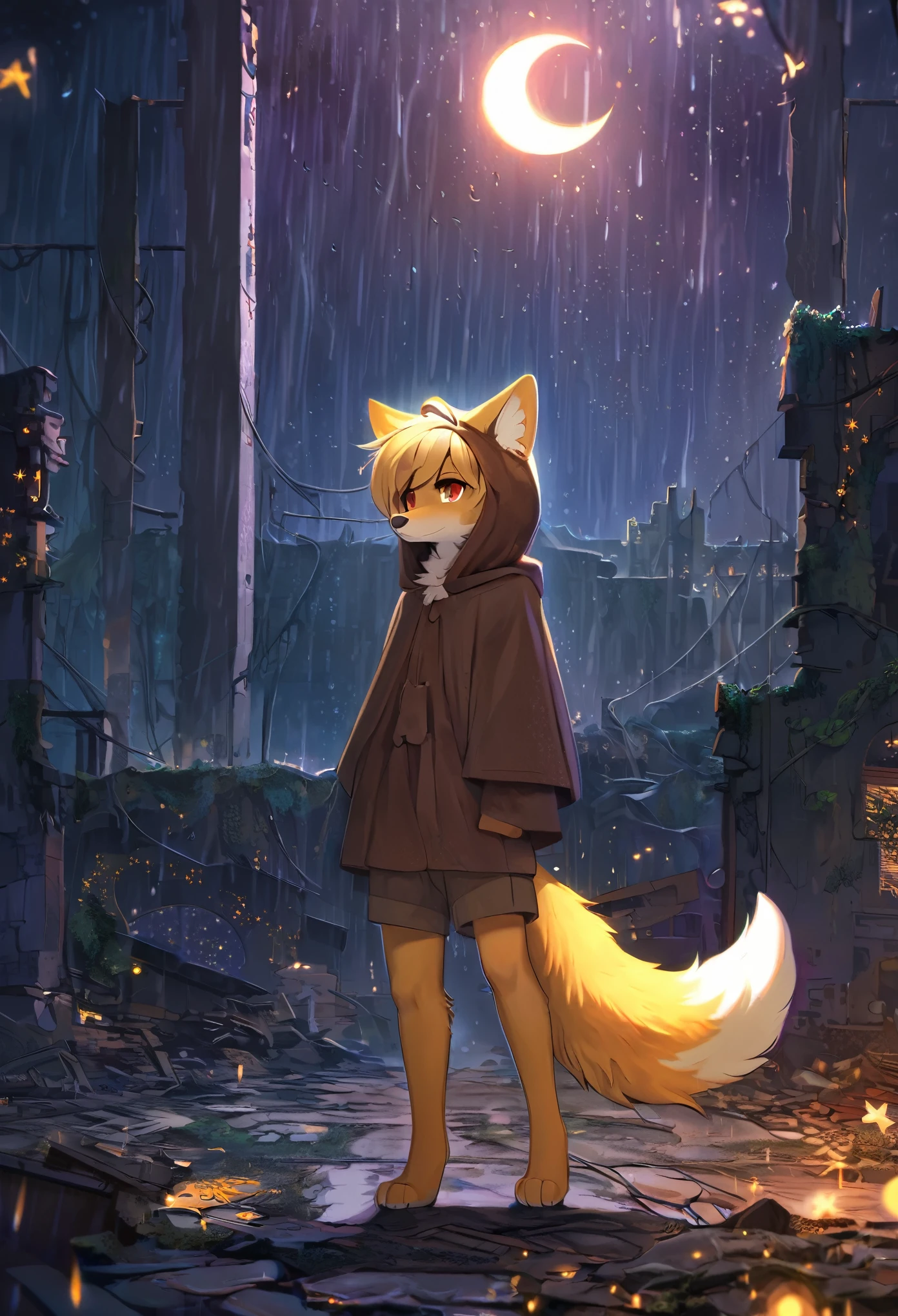 masterpiece, best quality, 4K,Ultra-delicate, Shota the fox, solo, hairy pubic, shaggy, Skin fur, Golden fur, Golden yellow face fur, Short straight blonde hair, Eyes have light, Red eyes, Brown elements on fur, Brown coat brown hood up, Star pattern white top, brown shorts, Beautiful lights and shadows, Ambient light, Ultra-fine fur, natural lighting, Fluffy tail, Dilapidated building, Plant elements in ruins, lichen, There is no other life, Night, starry sky, Vast landscape, crossed bangs, Hairline, Shiny hair, lone nape hair, Dilated pupils, Sleepy(moon full, meteors)Star cloud, Warm light source, Rained, wet clothes(overcast sky, Standing downpour)Extra-long sleeves, Purple and orange, Complicated details, Volumetric lighting, Dynamic configuration, Highly detailed and colorful details, luminous lighting, Atmospheric lighting, dream magical, magic, Glowing light,