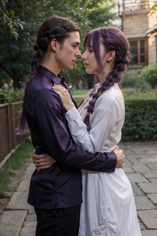 1 girl, 1 boy, braid, looking_at_other, long_hair, purple_eyes, dress, platinum_purple_hair, straight, flower, eye contact, Shiny Purple Black Widow-style outfit, outdoors, very long braided ponytail, gray_hair, from_side, bangs, upper body, long sleeves, short_hair, petals, single_braid, couple, transparent, lips parted, blush, mouth closed, multicolored hair, shirt, romantic pose, hetero couple posing