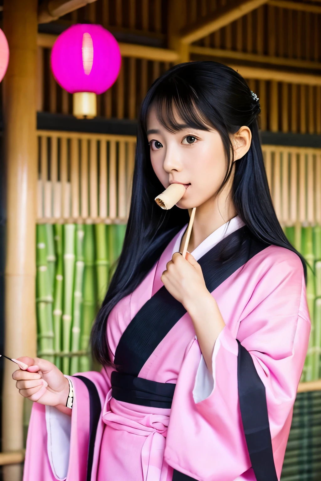 girl　young　Long Black Hair　Second Dimension　Pink kimono　Black Haori　Hold a bamboo tube in your mouth