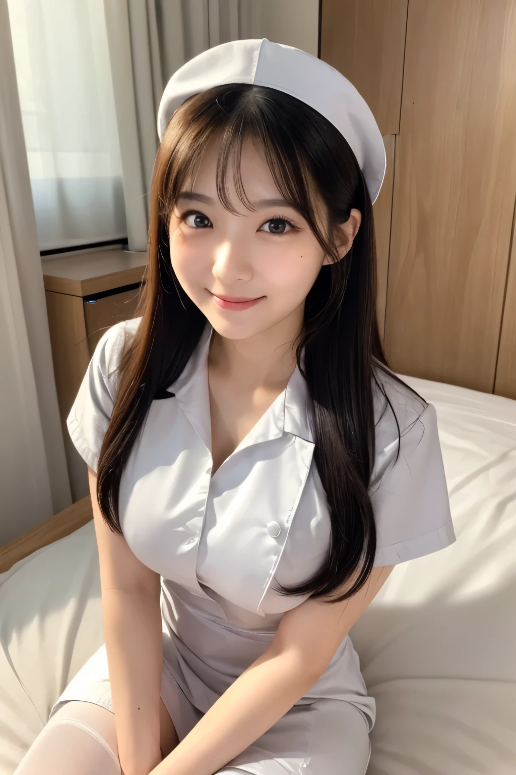 (1Girl)、(Beautiful Japanese、22years old,round face、Refreshing、clear、seems kind、stylish、Pitiful、cute like an angel、cute、black eyes、,actress,Single eyelid), Good style , (Beautiful big breasts:1.2),(soft breasts),(very cute),(Black Hair),(long hair),(Straight Hair),(highlight on eyes:1.2)、(8K、Live shooting、highest quality、masterpiece:1.2、optimal lighting)、((masterpiece)),(Photo taken by a professional photographer),(real、photo real:1.4),break,{ (White nurse costume),(((taraditional nurse uniform))),(White nurse mini skirt),(( pantyhose)),(cleavage:0.9)},(Serious face),(cheeks are red:1.2), break, break,Hospital,Face shot、Hospital room,bed、Happy smile、Face close-up、