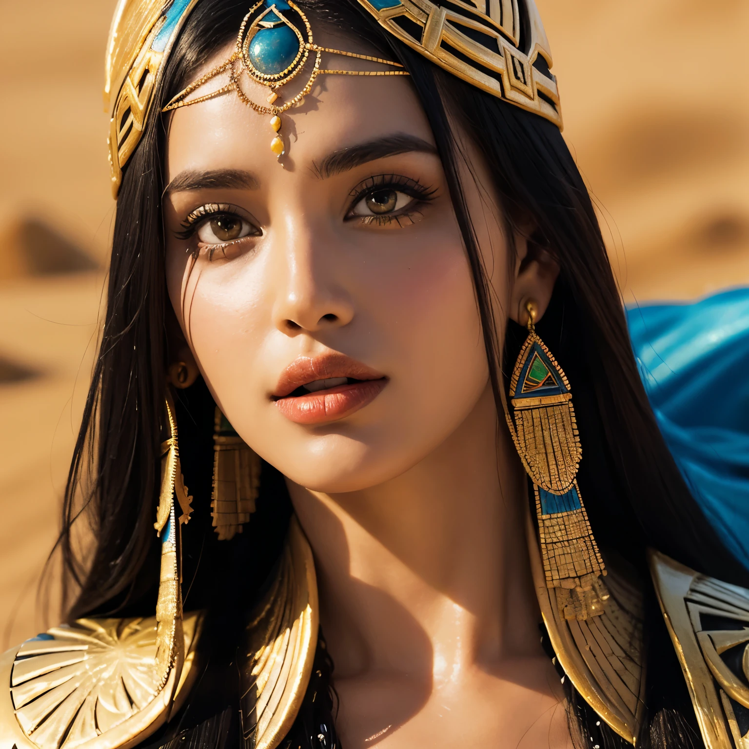 Egypt arab beautiful woman superhero national dress with scarab on palm on sand desert with pyramids filigree sharp focus vivid colors Enki Bilal oil painting style, close-up portrait --ar 2:3 --stylize 250