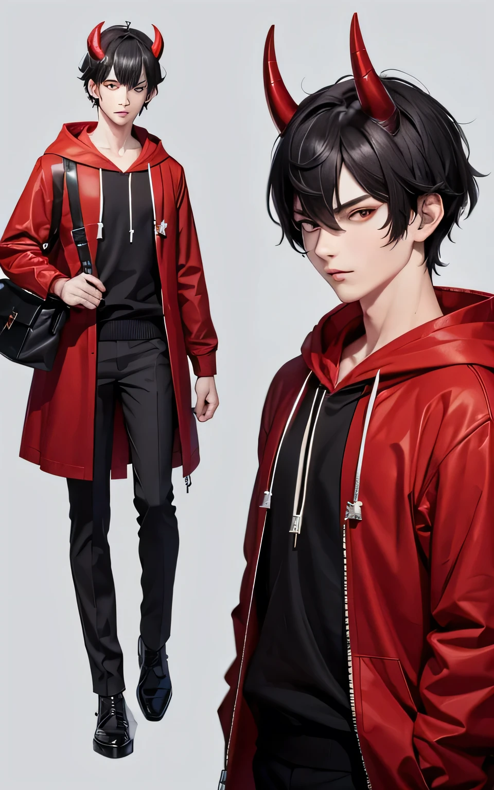 Super detailed, 8k, devil boy with horn on the head , Black hair , red Hoodie, gray trousers, very detailed faces