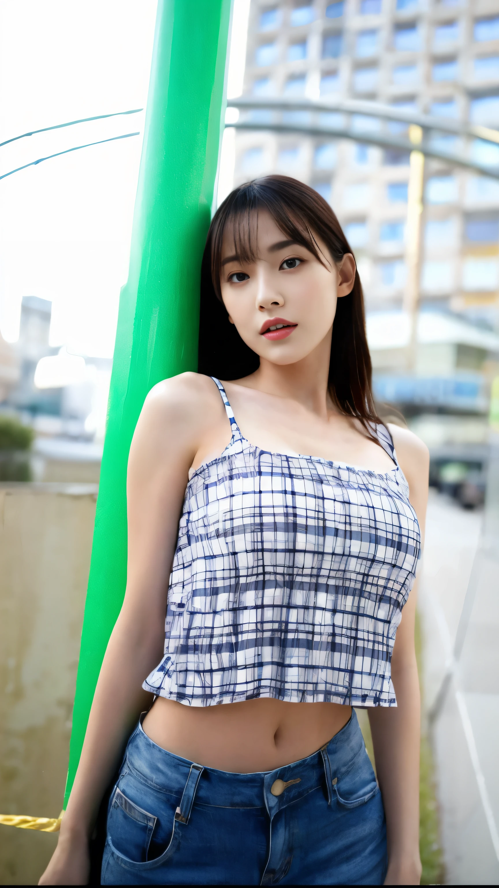 (real, High resolution:1.3), One girl with a perfect body, Very beautiful face and eyes,Long Hair, Random color tank top:1.2, Short jeans, Big Breasts,Exposing cleavage