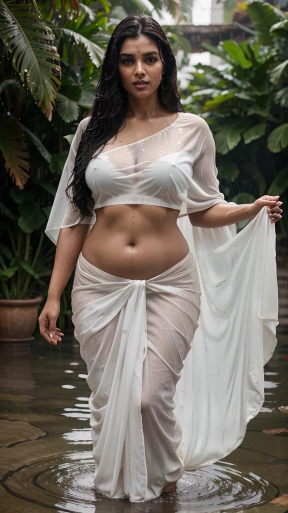 Indian model,40 year old mature woman, plus size body type,dark brown oily skin, glossy red lips,long black hair, wearing white saree, wet body, wet saree, ripped clothes ,see through clothes,raining, outdoor background, greenish background, full body view, high resolution
