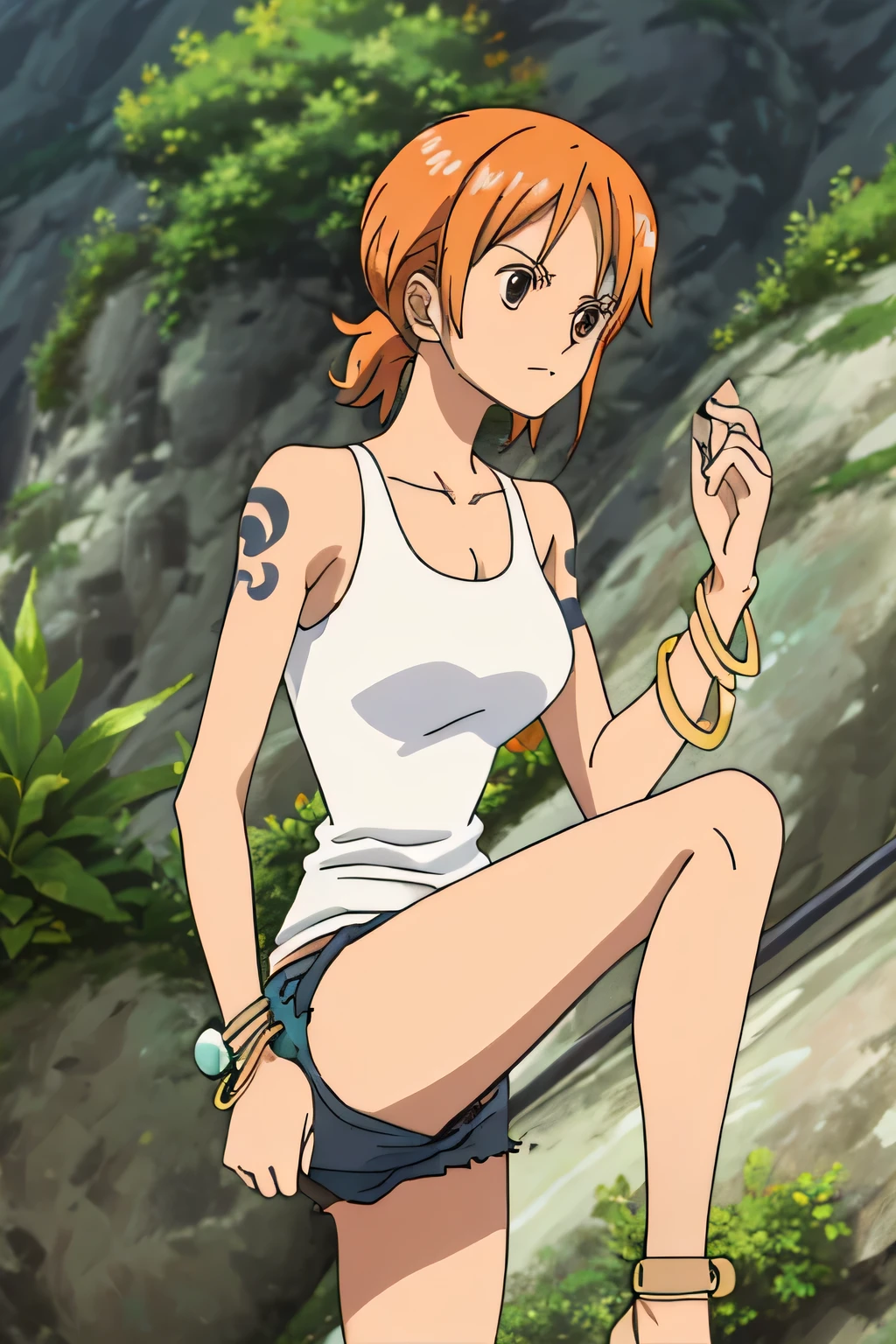 informal, shorts, short ponytail, white tank top, 1 girl, alone,Leg lift, short hair, big breasts, rift, brown eyes, decorations, orange hair, bracelet, tattoo, bangle, sit,Leg lift on both sides,Milk handle,Leg kick,Leg lift height