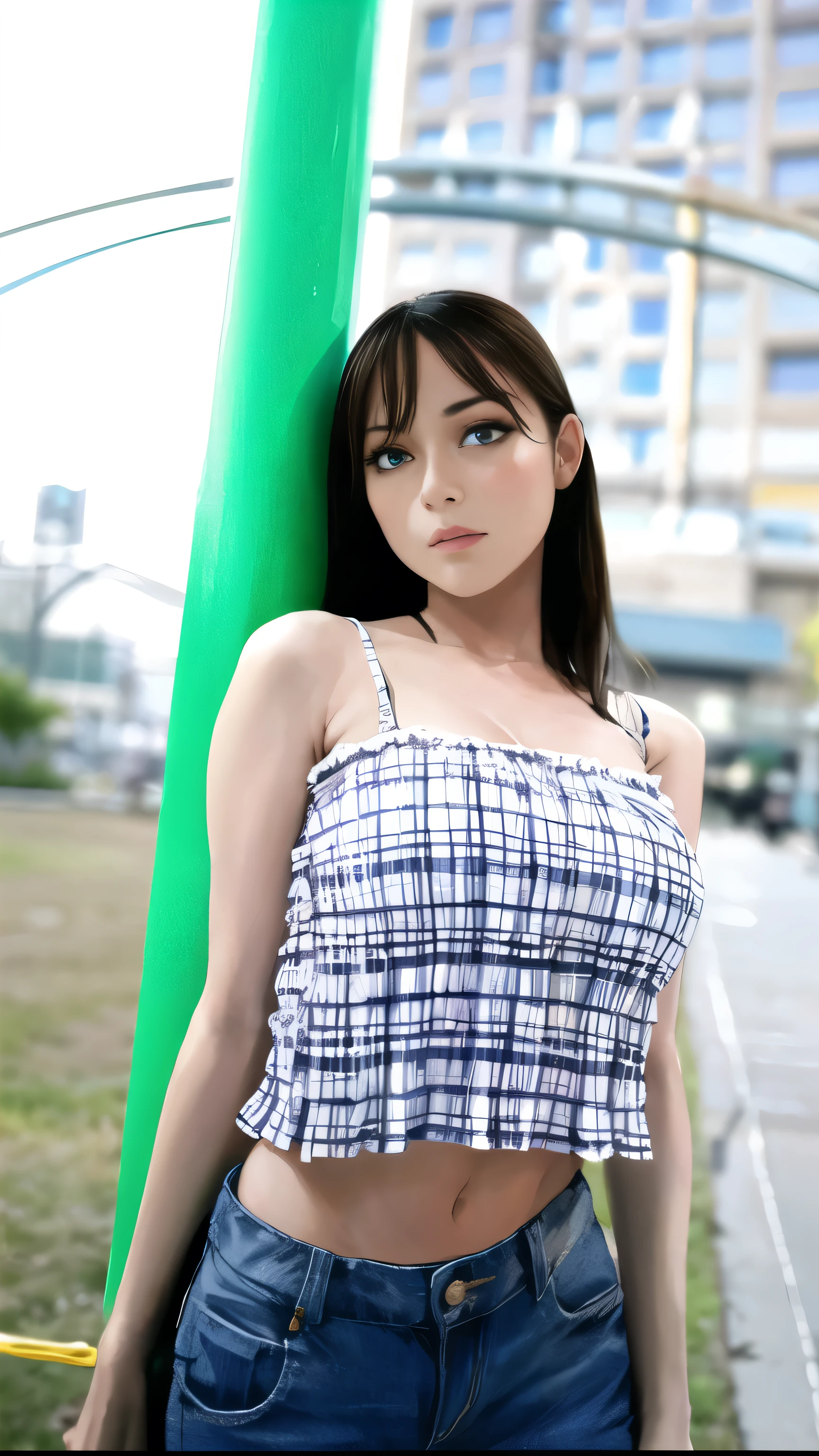 (real, High resolution:1.3), One girl with a perfect body, Very beautiful face and eyes,Long Hair, Random color tank top:1.2, Short jeans, Big Breasts,Exposing cleavage