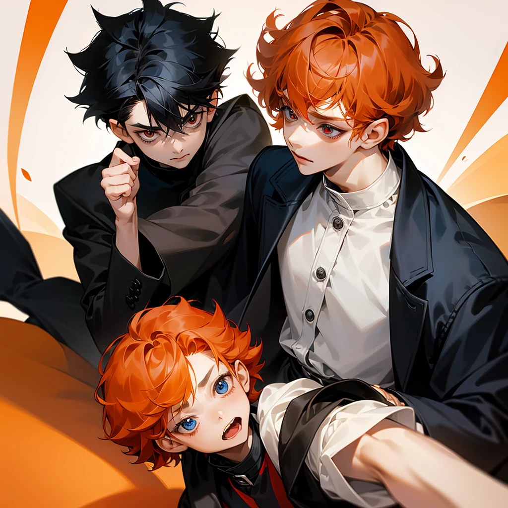 Only two little boys bugging ,both 9years old,first boy has short curly orange hair and blue eyes and cute expression face withe cute smile and wears acute outfit……the other boy has black shaggy hair and red eyes and sharp expression face and wears a black jacket,8k,pixive,masterpiece