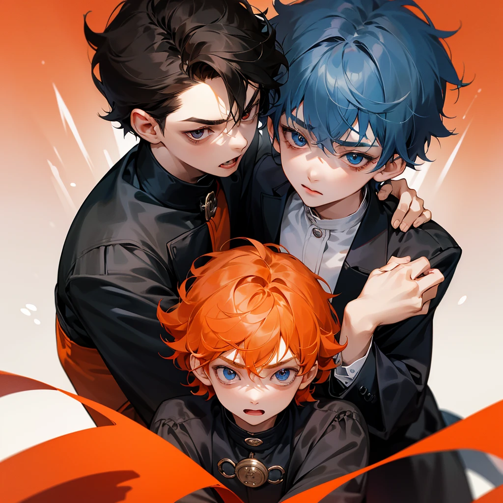 Only two  boys bugging ,both 9years d,first boy has short curly orange hair and blue eyes and cute expression face withe cute smile and wears acute outfit……the other boy has black shaggy hair and red eyes and sharp expression face and wears a black jacket,8k,pixive,masterpiece