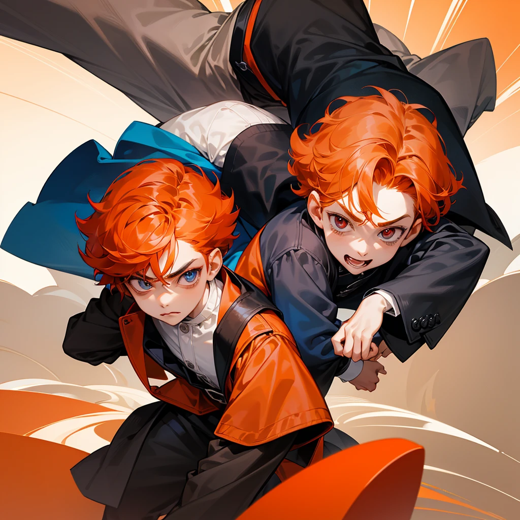 Only two boys bugging ,both 9years d,first boy has short curly orange hair and blue eyes and cute expression face withe cute smile and wears acute outfit……the other boy has black shaggy hair and red eyes and sharp expression face and wears a black jacket,8k,pixive,masterpiece