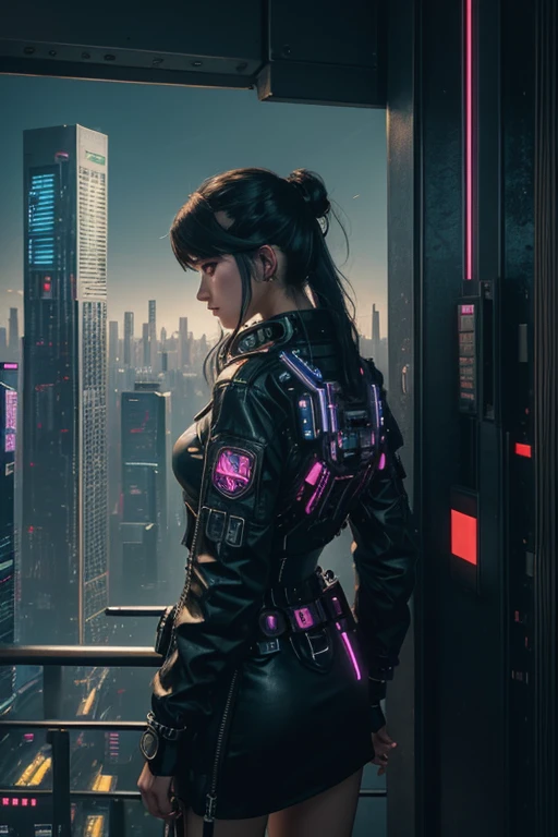 ((top-quality)), (masterpiece), Cyberpunk City, Depiction of a girl looking down on the cityscape below from a skyscraper, Cyberpunk Fashion