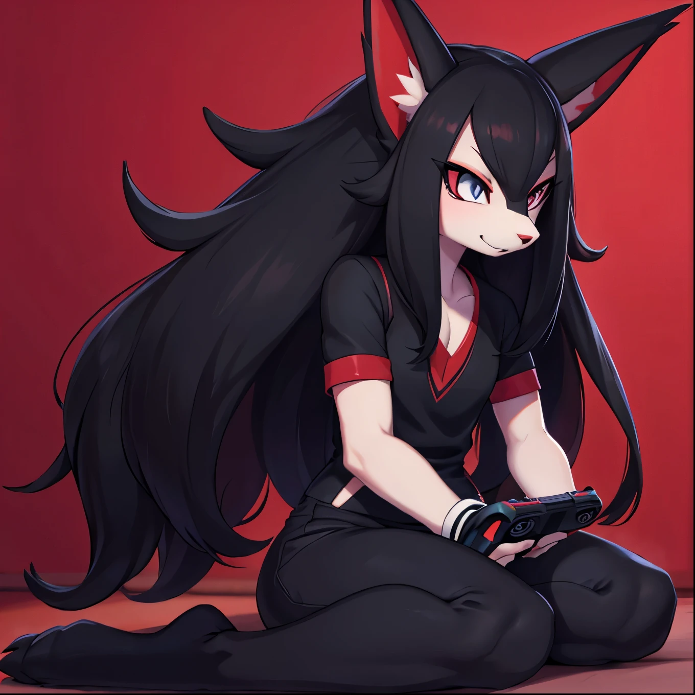 Sfw, Pokemon, Zoroark, male,  Red and black long hair, gaming background, HD