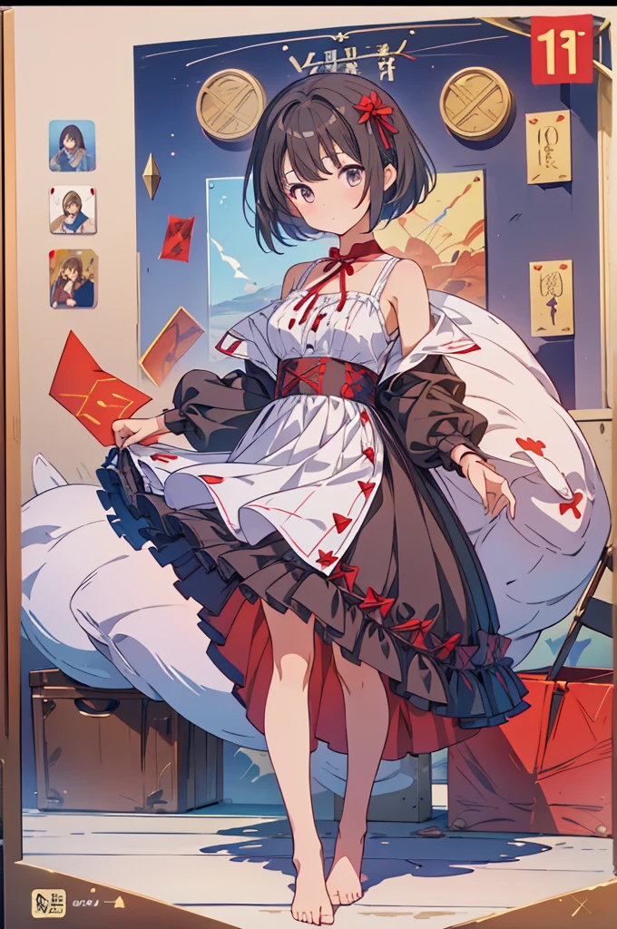 1girl、highest quality、Masterpiece、Official Art、The best composition、Character Design、vtuber-fullbody、Standing in front of the viewer、upright、short hair、barefoot、Smaller breasts、A houndstooth dress with piping、Crossed ribbons on the front of the chest