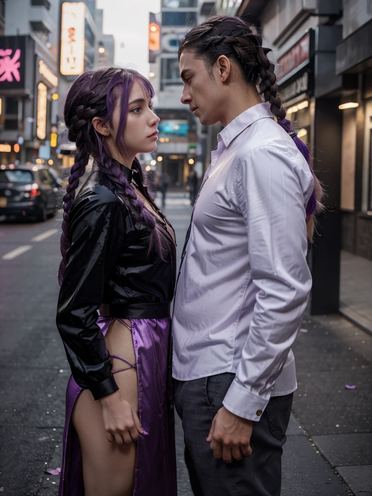 1 girl, 1 boy, braid, looking_at_other, long_hair, purple_eyes, dress, platinum_purple_hair, straight, flower, eye contact, Shiny Purple Black Widow-style outfit, outdoors, very long braided ponytail, gray_hair, from_side, bangs, upper body, long sleeves, short_hair, petals, single_braid, couple, transparent, lips parted, blush, mouth closed, multicolored hair, shirt, romantic pose, hetero couple posing, cyberpunk clothing date in blade runner, rostros ultra detallados, Mejor calidad, iluminacion y detalles hermoso, daytime atmosphere, campos del eden 
