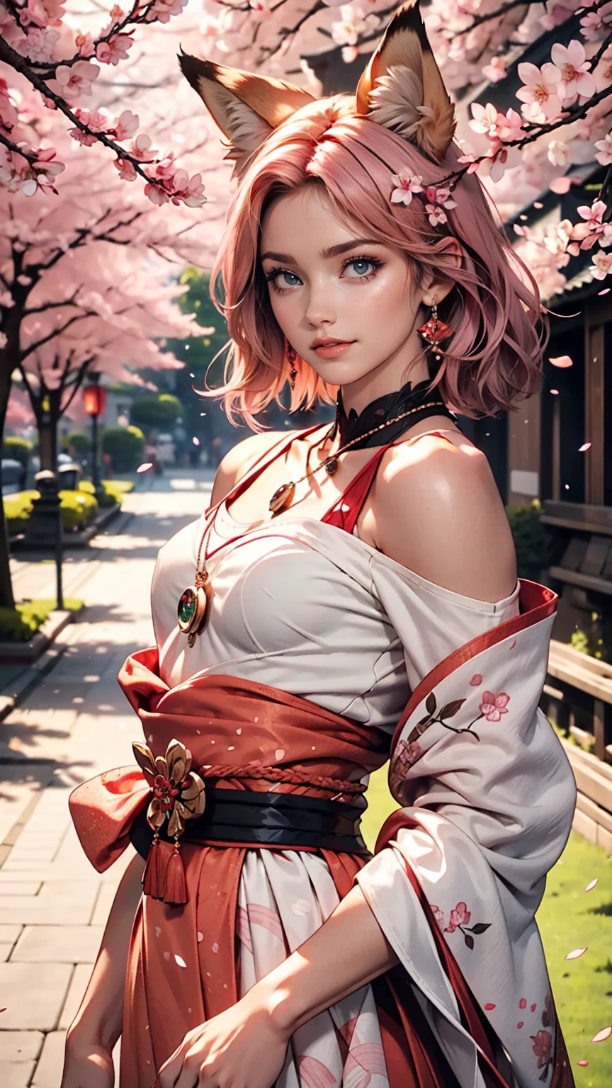 One girl, Realistic, (View Viewer:1), (Ulzzang-6500:0.66), Thighs, just legs, Speckled sunlight, highest quality, Ultra-high resolution, (photoRealistic:1.4), Yae Miko, Fox Ears, short hair, pink hair,  yes_cherry blossoms, jewelry, cherry blossoms, (smile:1), just_shoulder, hair_ornament, purple_eye,  , independent_sleeve, , detailed eye,, (light smile:1), , (Small breasts:1.4), , (just upper body:1.4), , (Puffy nipples:1),, Put your arms behind your back,