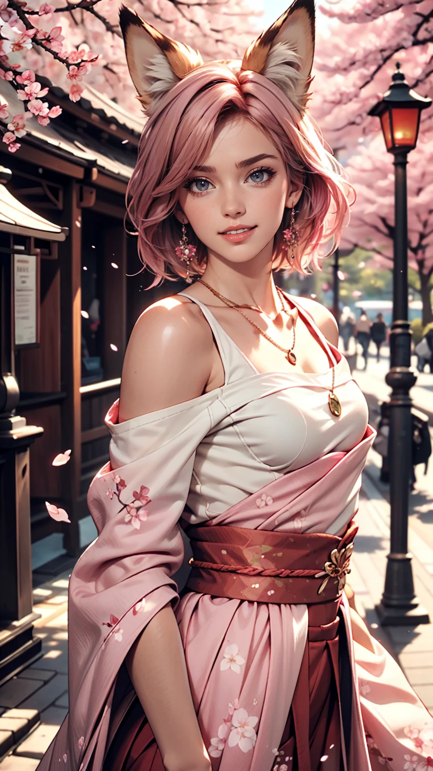 One girl, Realistic, (View Viewer:1), (Ulzzang-6500:0.66), Thighs, just legs, Speckled sunlight, highest quality, Ultra-high resolution, (photoRealistic:1.4), Yae Miko, Fox Ears, short hair, pink hair,  yes_cherry blossoms, jewelry, cherry blossoms, (smile:1), just_shoulder, hair_ornament, purple_eye,  , independent_sleeve, , detailed eye,, (light smile:1), , (Small breasts:1.4), , (just upper body:1.4), , (Puffy nipples:1),, Put your arms behind your back,
