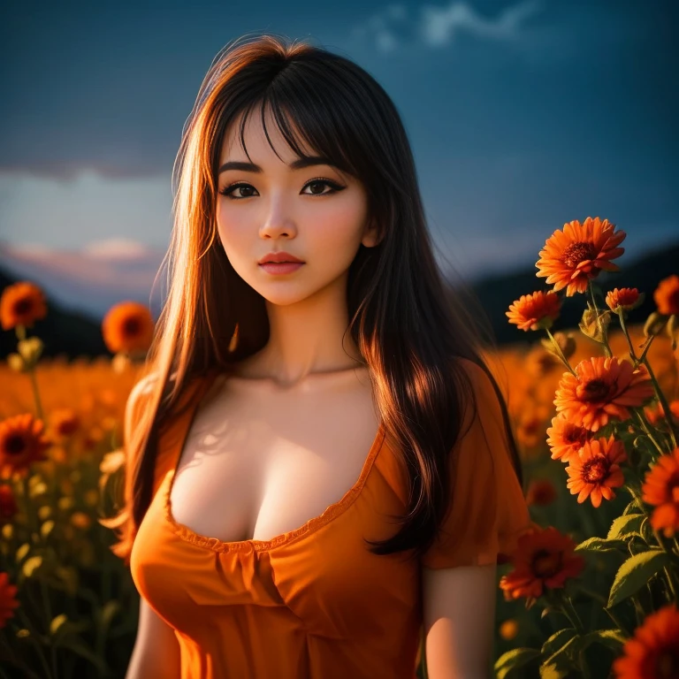 Araaf woman in an orange dress stands in a field of flowers., beautiful Asian girl, better known as Zinnia, Beautiful Asian woman, Zinnia, Asian girl, Model 5 0 0 pixels, Fluorescent Red, Anna Nikonova aka New Milky, Alina, Enami and Argerm, glowing red and orange, Photo of a beautiful woman, sexy girl