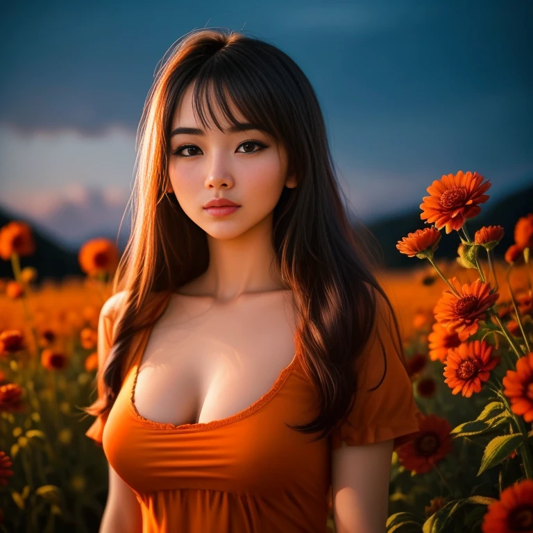Araaf woman in an orange dress stands in a field of flowers., beautiful Asian girl, better known as Zinnia, Beautiful Asian woman, Zinnia, Asian girl, Model 5 0 0 pixels, Fluorescent Red, Anna Nikonova aka New Milky, Alina, Enami and Argerm, glowing red and orange, Photo of a beautiful woman, sexy girl