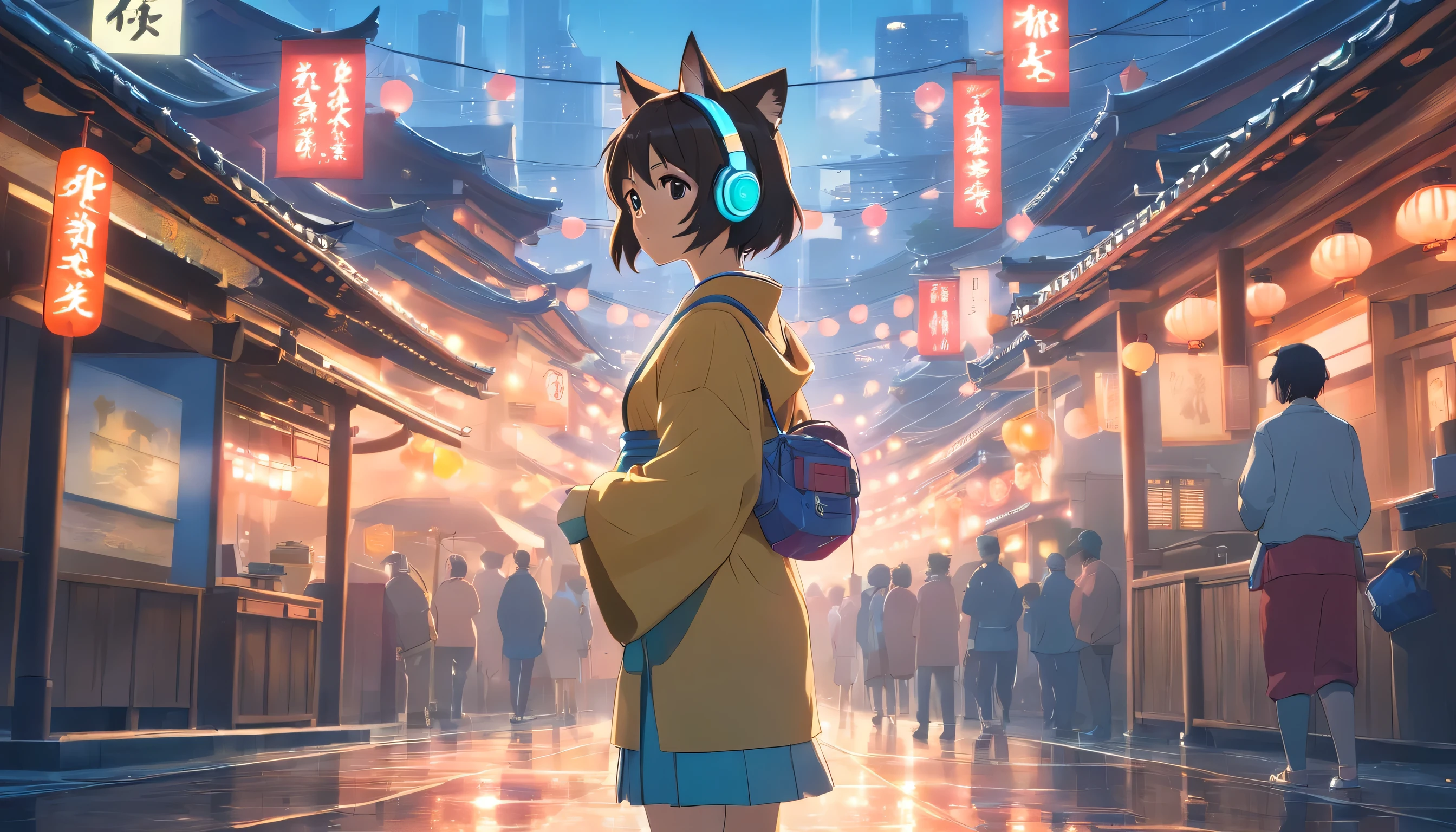 High resolution, high quality, masterpiece.An anthropomorphic cat wearing headphones and wearing traditional Japanese clothing, spring, Japanese Landscape, Temple, cinematic light, Lots of details, Realistic, 4K, cinema, amazing, rain, Neon atmosphere, gear mecha, Detailed Acrylic, Grunge, intricate complexity, Rendered in Unreal Engine, photoRealistic Hyperdetalization. Hyperrealism. Dramatic Light.japanese hip-hop