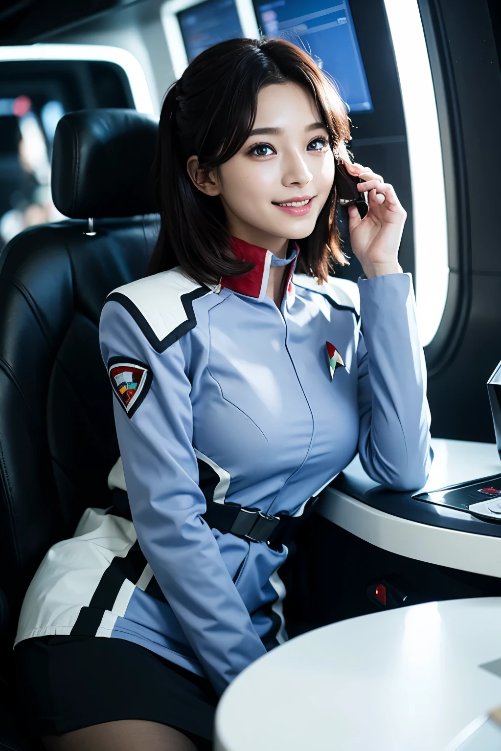 Tabletop, highest quality, 8k、(Golden ratio face、Balanced Eyes、Very gentle eyelids)、double eyelid、Innocent face、Young Face、Beautiful nose、Embarrassed laugh、Lip gloss 、Very beautiful girl、Beautiful girl solo like a model、 Wearing Starfleet uniforms, Starfleet uniform、Clear costume design、Blue Hair、Put the headset on your head、Skirt、pantyhose、Android、battleship cockpit,ＳＦworld,Anime World Girl、Futuristic Background、