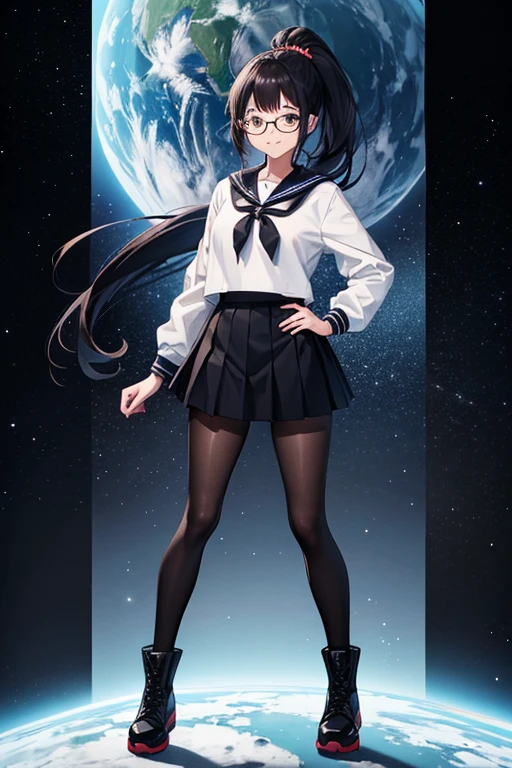 Anime drawings、Full body portrait、Space SF 、A woman around , standing upright, about 160cm tall, wearing a sailor uniform and a long black skirt.、Smiling with mouth closed、Short medium length hair tied in a ponytail、Black Hair、sports boots、black tights、Black-rimmed glasses