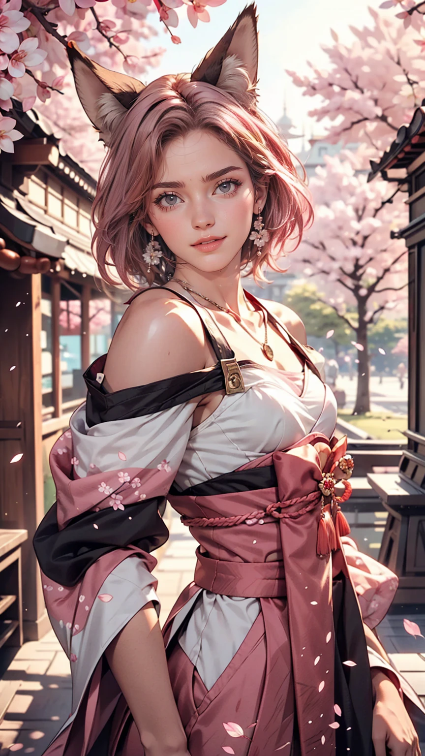 One girl, Realistic, (View Viewer:1), (Ulzzang-6500:0.66), Thighs, just legs, Speckled sunlight, highest quality, Ultra-high resolution, (photoRealistic:1.4), Yae Miko, Fox Ears, short hair, pink hair, yes_cherry blossoms, jewelry, cherry blossoms, (smile:1), just_shoulder, hair_ornament, purple_eye, , independent_sleeve, , detailed eye,, (light smile:1), , (Small breasts:1.4), , (just upper body:1.4), , (Puffy nipples:1),, Put your arms behind your back,