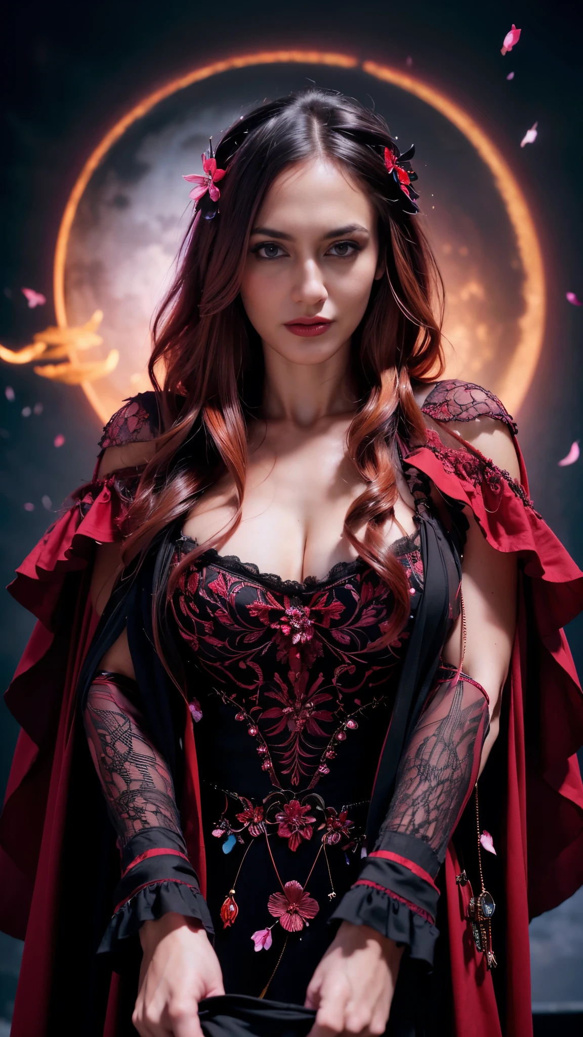  a sexy women, (colorful),(finely detailed beautiful eyes and detailed face),cinematic lighting,bust shot,extremely detailed CG unity 8k wallpaper,red hair,solo,angry face,red lace luxurious nighgown dress,((flying petal)), sky, cloudy_sky, building, moonlight, night, (dark theme:1.3), light, fantasy, masterpiece, best quality,