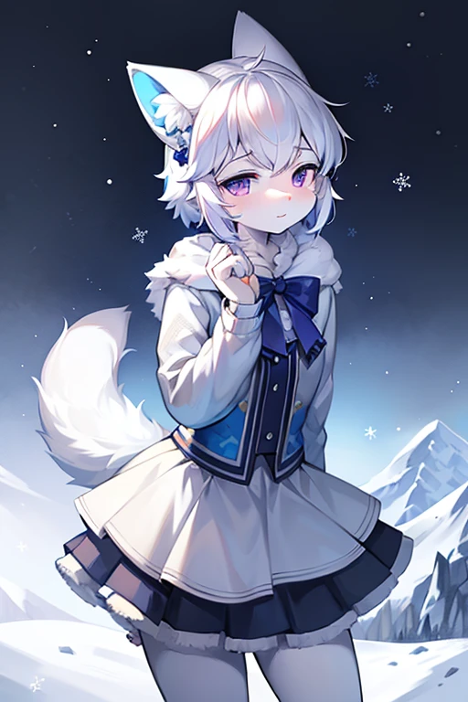 White cat，Prefer cats，Hairy body，skirt，Fluffy，No clothes，Blue Snowflake Hair Accessory，Q version，beautiful，simple art style，Cartoon Style，Standing，Purple Eyes，Blue ear hair, White hair on ear tips，tail blue，Tip white，winter，snow，paw