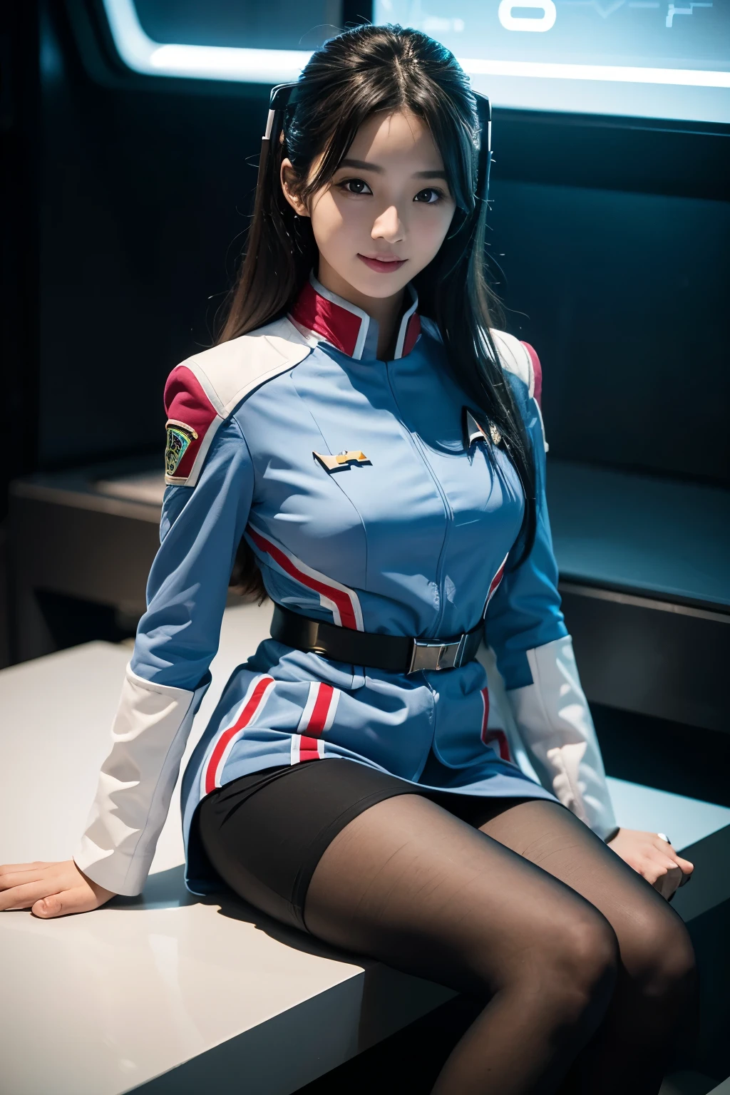 Tabletop, highest quality, 8k、(Golden ratio face、Balanced Eyes、Very gentle eyelids)、double eyelid、Innocent face、Young Face、Beautiful nose、Embarrassed laugh、Lip gloss 、Very beautiful girl、Beautiful girl solo like a model、 Wearing Starfleet uniforms, Starfleet uniform、Clear costume design、Blue Hair、Put the headset on your head、Skirt、pantyhose、Android、battleship cockpit,ＳＦworld,Anime World Girl、Futuristic Background、