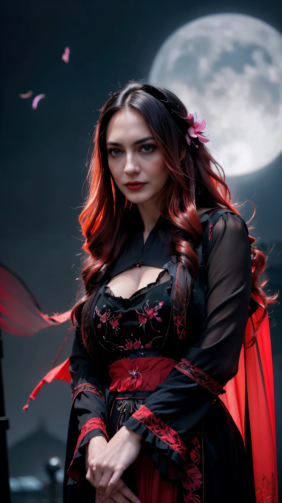  a sexy women with the crow bird, (colorful),(finely detailed beautiful eyes and detailed face),cinematic lighting,bust shot,extremely detailed CG unity 8k wallpaper,red hair,solo,angry face,red lace luxurious nighgown dress,((flying petal)), sky, cloudy_sky, building, moonlight, night, (dark theme:1.3), light, fantasy, masterpiece, best quality,