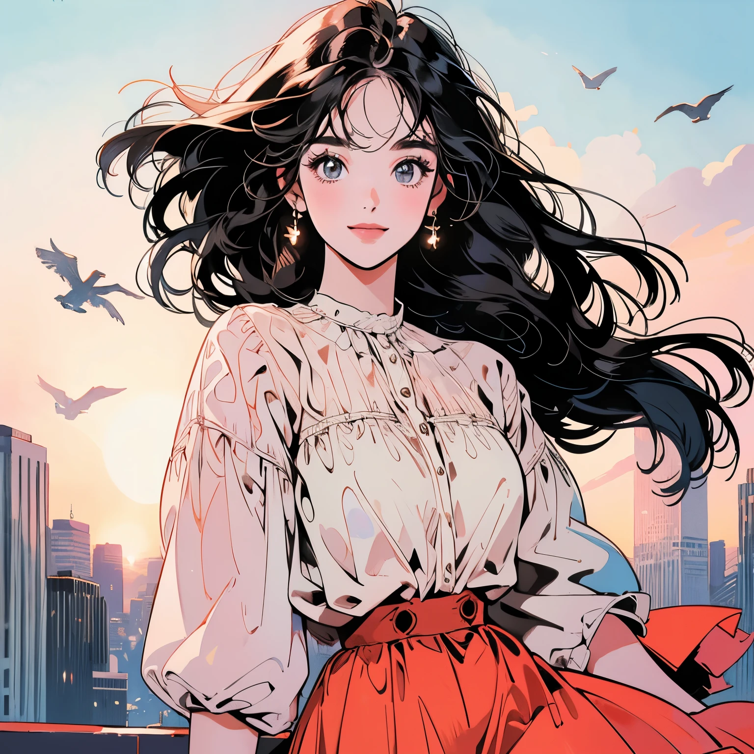 whole body、Kind Face、1 pretty woman、4k、White blouse、skirt、Rooftop、skyscraper、Large space、Sunset、Birds are flying、Complex background、Detailed Hair、smile、Black Hair、Faint lighting、moving、There is movement