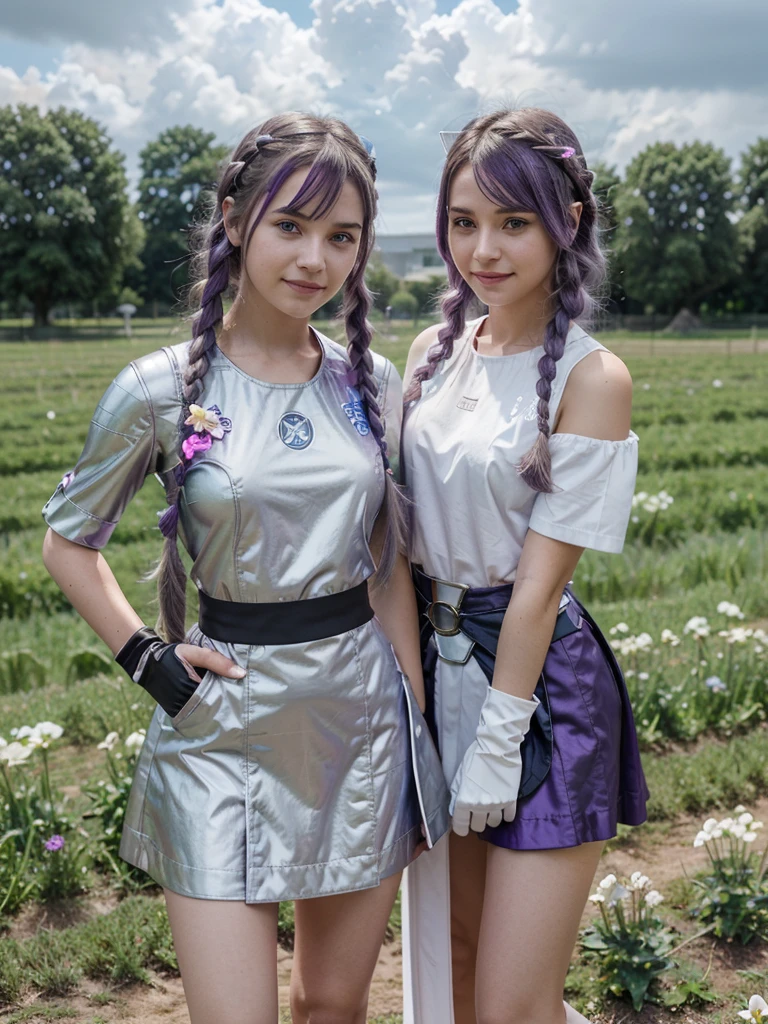 flower, (field of Mini robots in the shape of cats), outdoors, long hair, sky, field, braid, smile, , cloud, purple hair, purple eyes, twin braids, bangs, white flower, 1 girl, gloves, , very long braided hair, standing, bare shoulders, day, futuristic metallic clothing, blue sky, shirt, parted lips, skirt, short sleeves, white shirt, cloudy sky, smile, elbow gloves, two stories, armor, blush , 2 girls, several girls, Silver hair with bright purple, multiple colors, Futuristic unreal setting, epic Star Wars or Avengers movie,