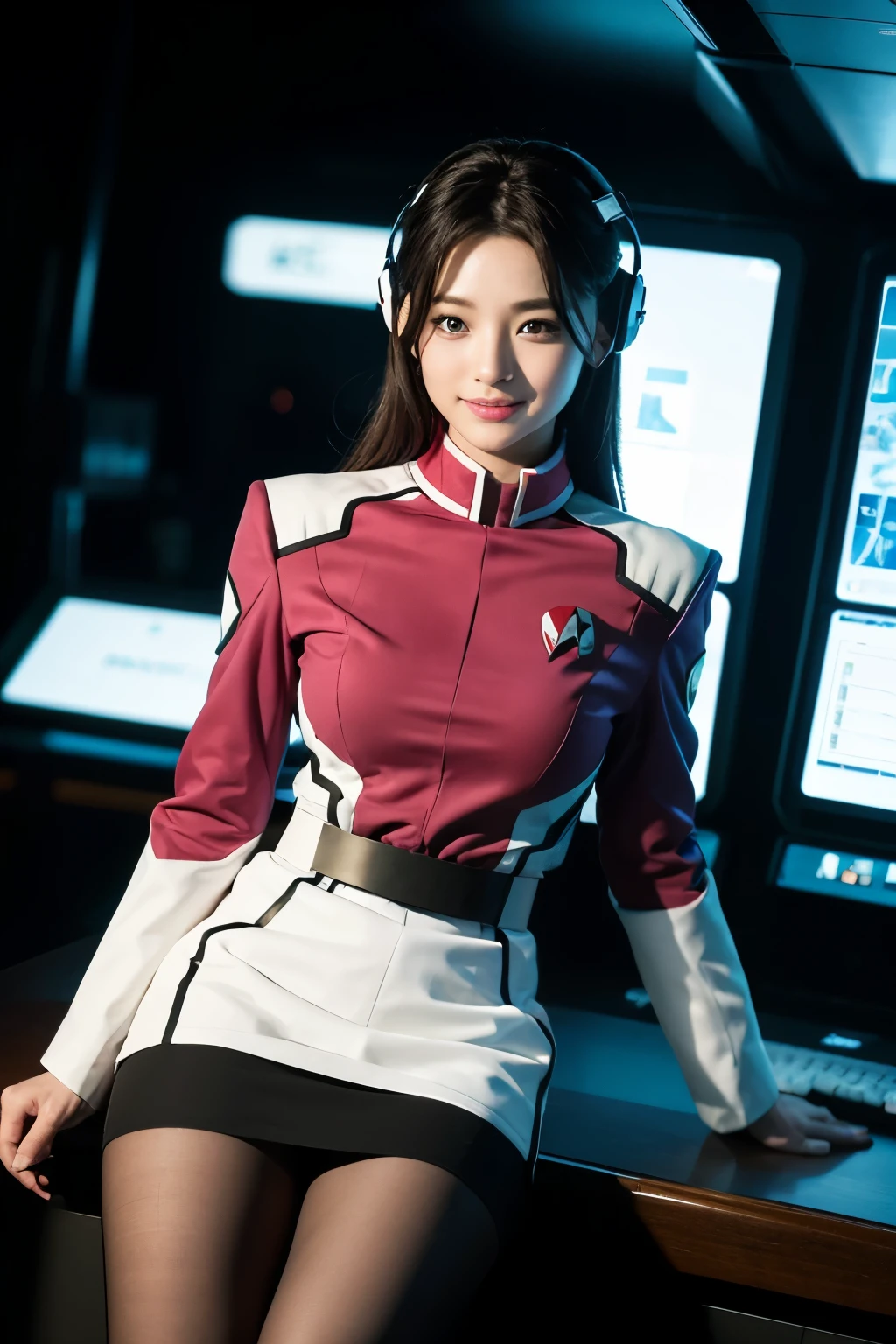 Tabletop, highest quality, 8k、(Golden ratio face、Balanced Eyes、Very gentle eyelids)、double eyelid、Innocent face、Young Face、Beautiful nose、Embarrassed laugh、Lip gloss 、Very beautiful girl、Beautiful girl solo like a model、 Wearing Starfleet uniforms, Starfleet uniform、Clear costume design、Blue Hair、Put the headset on your head、Skirt、pantyhose、Android、battleship cockpit,ＳＦworld,Anime World Girl、Futuristic Background、